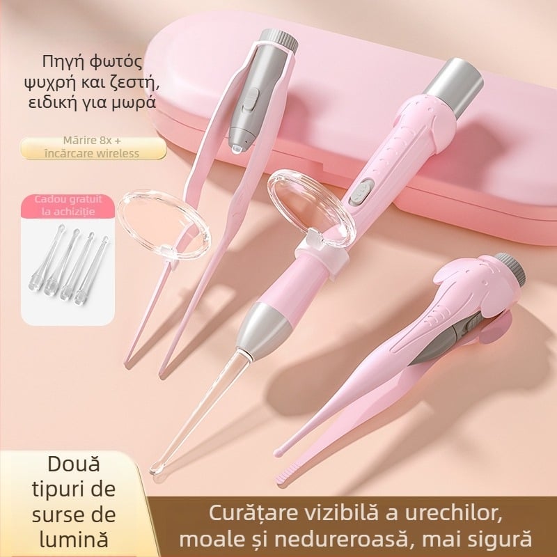 Set pentru curățarea urechilor pentru copii: linguriță de urechi cu iluminare, vârf moale, pensete vizuale pentru cerumen