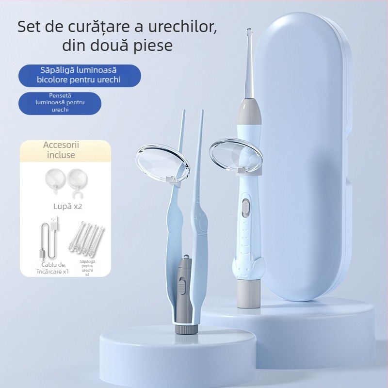 Set pentru curățarea urechilor pentru copii: linguriță de urechi cu iluminare, vârf moale, pensete vizuale pentru cerumen