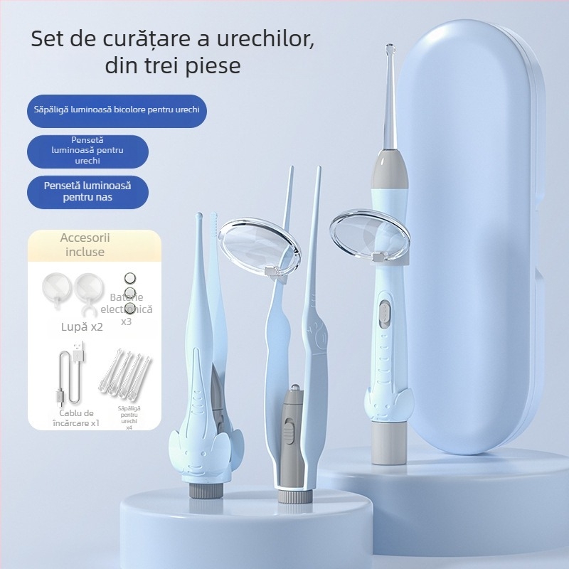 Set pentru curățarea urechilor pentru copii: linguriță de urechi cu iluminare, vârf moale, pensete vizuale pentru cerumen