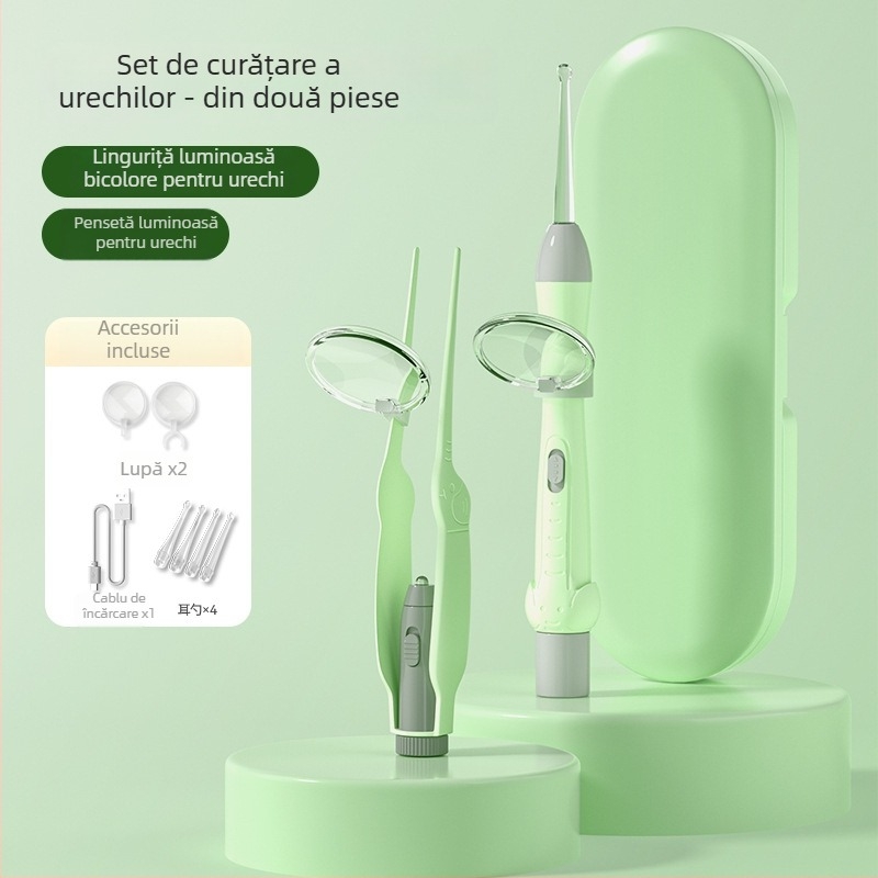 Set pentru curățarea urechilor pentru copii: linguriță de urechi cu iluminare, vârf moale, pensete vizuale pentru cerumen