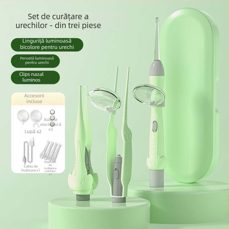 Set pentru curățarea urechilor pentru copii: linguriță de urechi cu iluminare, vârf moale, pensete vizuale pentru cerumen