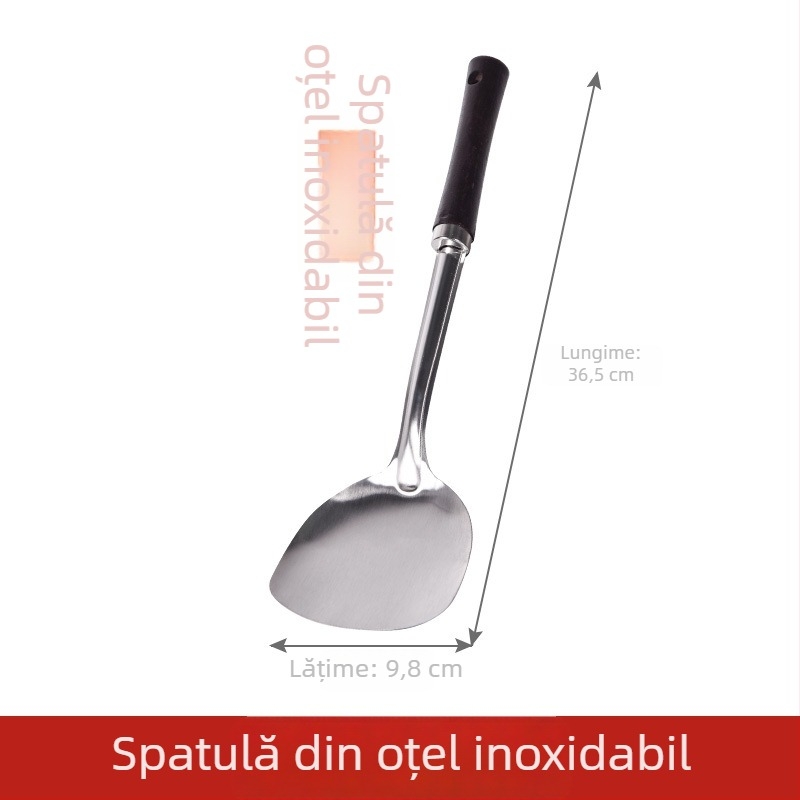 Set spatule din oțel inoxidabil, cu mâner din lemn — anti-arsură, lingură cu găuri, spatulă pentru prăjit și lingură de gătit