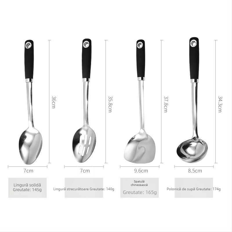 Set din oțel inoxidabil: spatulă, lingură de bucătărie și zdrobitor de cartofi, non-stick, rezistent la temperaturi înalte
