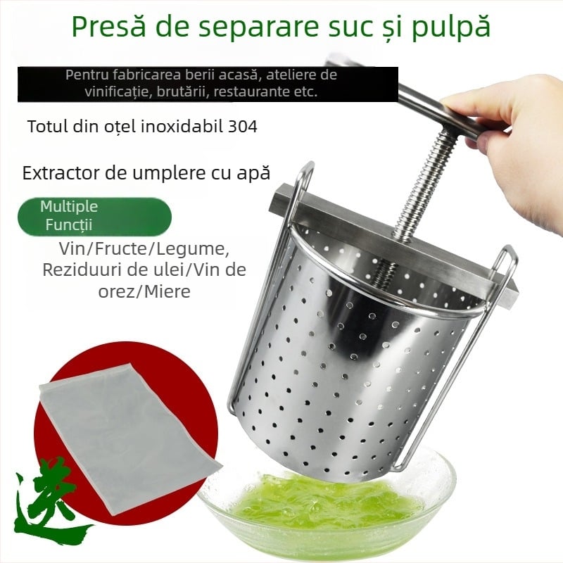 Presa manuală din oțel inoxidabil 304 pentru struguri și fructe, cu separare a pulpei