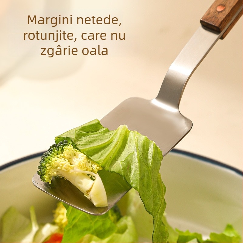 Spatula mică din oțel inoxidabil 304, cu mâner din lemn de nuc, instrument de bucătărie anti-arzire, potrivită pentru pizza și friptură
