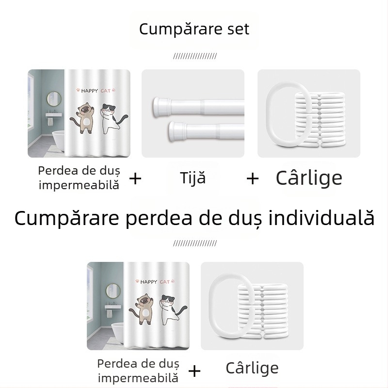 Set perdea de duș cu magnet pentru baie, compartiment impermeabil premium, fără găuri de montaj