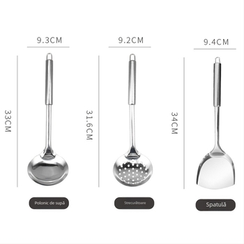 Set de ustensile din oțel inoxidabil: spatulă, lingură și lingură cu găuri