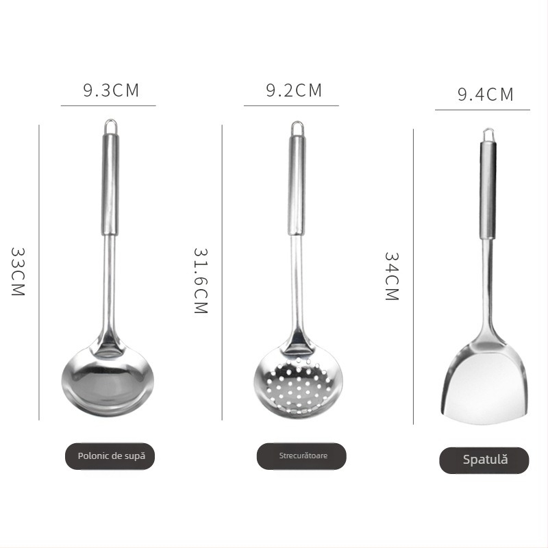 Set de ustensile din oțel inoxidabil: spatulă, lingură și lingură cu găuri