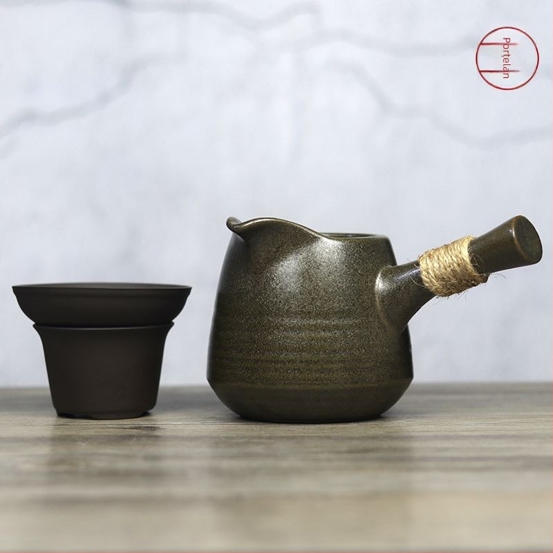  Cană ceramică mare cu mâner lateral, set de filtre pentru ceai, stil japonez Gongfu.