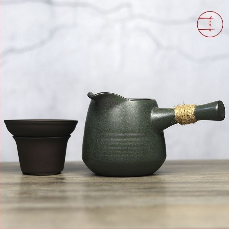  Cană ceramică mare cu mâner lateral, set de filtre pentru ceai, stil japonez Gongfu.
