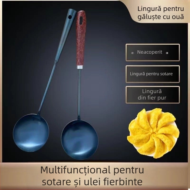 Lingură de prăjit din fier forjat, cu mâner lung, ustensilă de bucătărie pentru găluște cu ou