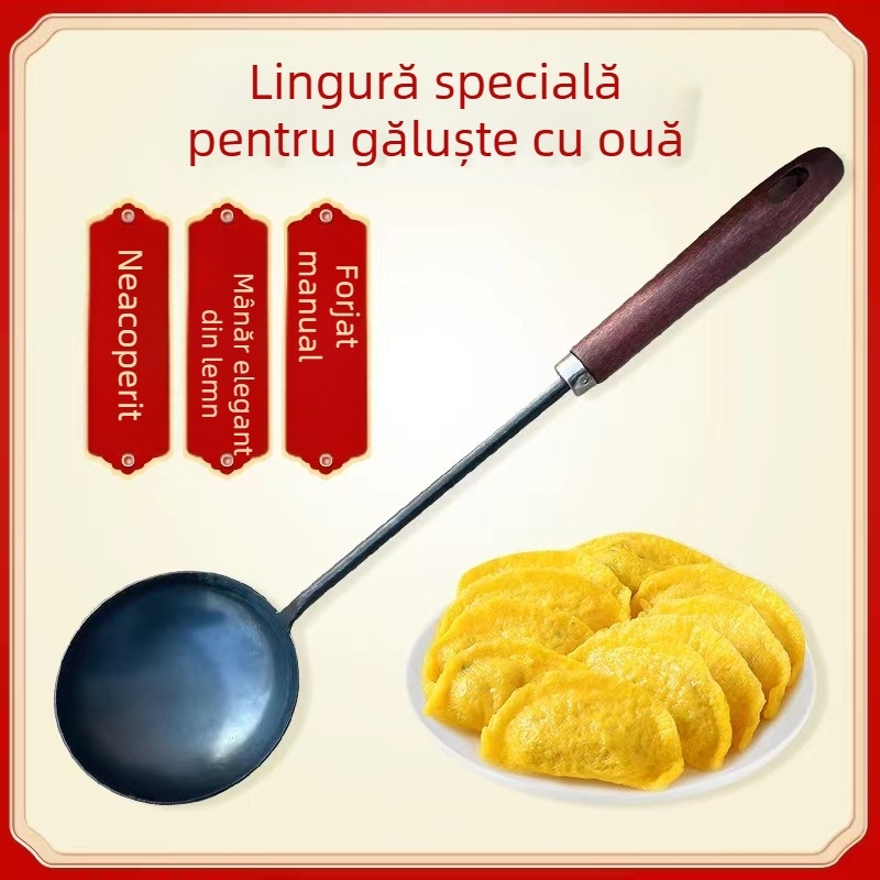 Lingură de prăjit din fier forjat, cu mâner lung, ustensilă de bucătărie pentru găluște cu ou