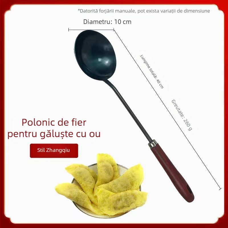 Lingură de prăjit din fier forjat, cu mâner lung, ustensilă de bucătărie pentru găluște cu ou