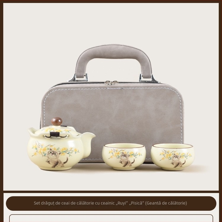 Set de ceai portabil în stil chinezesc, cu bol de ceai cu capac, ceainic, farfurie melamină și cești ceramice