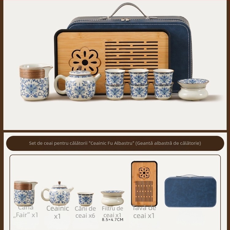 Set de ceai portabil în stil chinezesc, cu bol de ceai cu capac, ceainic, farfurie melamină și cești ceramice