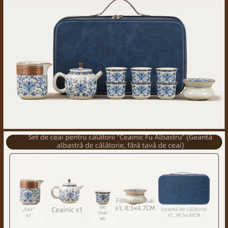 Set de ceai portabil în stil chinezesc, cu bol de ceai cu capac, ceainic, farfurie melamină și cești ceramice