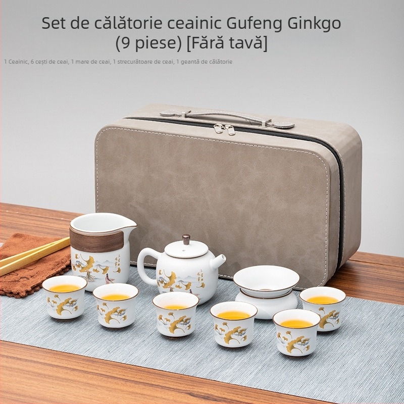 Set de ceai portabil în stil chinezesc, cu bol de ceai cu capac, ceainic, farfurie melamină și cești ceramice