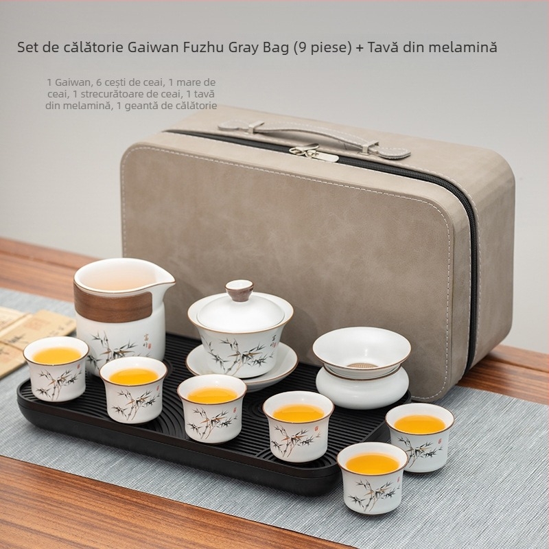 Set de ceai portabil în stil chinezesc, cu bol de ceai cu capac, ceainic, farfurie melamină și cești ceramice