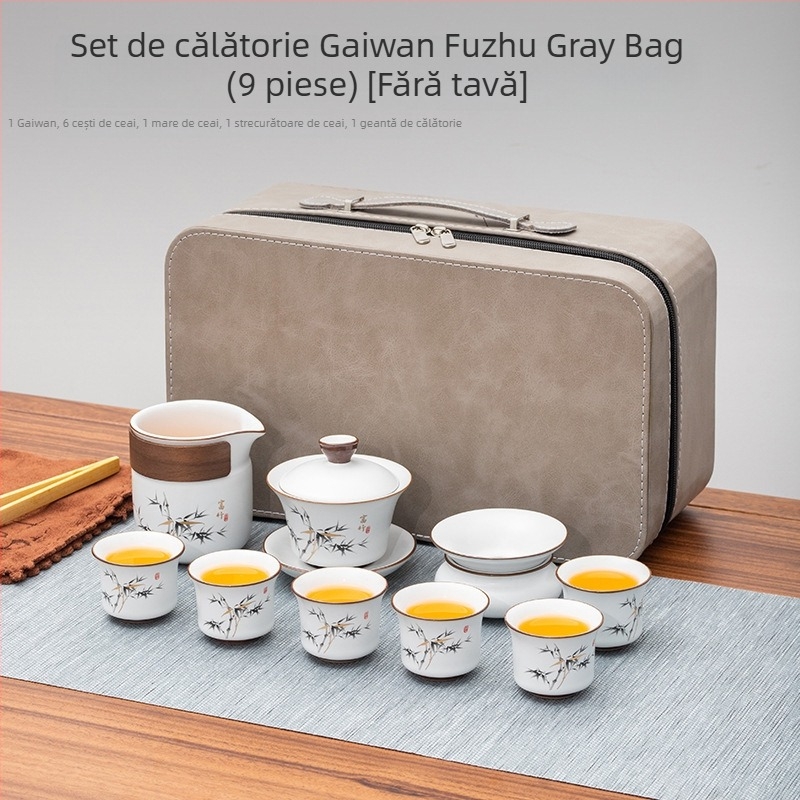 Set de ceai portabil în stil chinezesc, cu bol de ceai cu capac, ceainic, farfurie melamină și cești ceramice