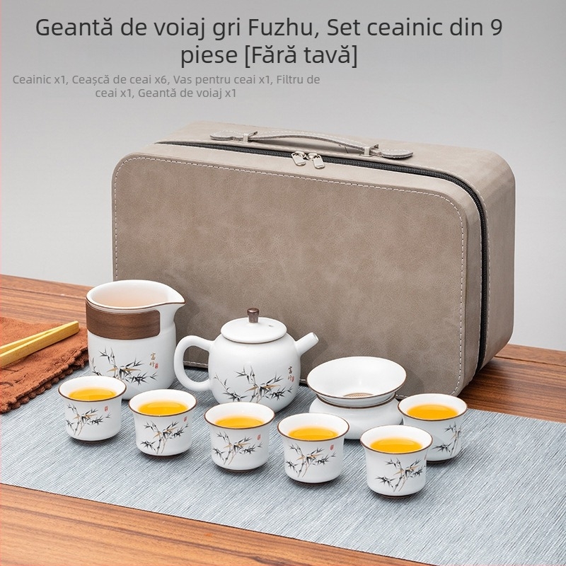 Set de ceai portabil în stil chinezesc, cu bol de ceai cu capac, ceainic, farfurie melamină și cești ceramice