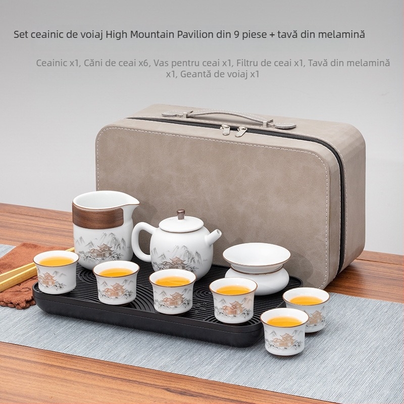 Set de ceai portabil în stil chinezesc, cu bol de ceai cu capac, ceainic, farfurie melamină și cești ceramice