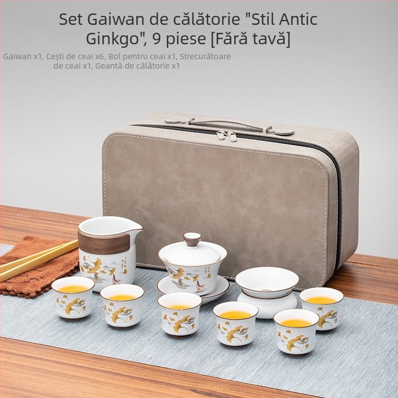 Set de ceai portabil în stil chinezesc, cu bol de ceai cu capac, ceainic, farfurie melamină și cești ceramice