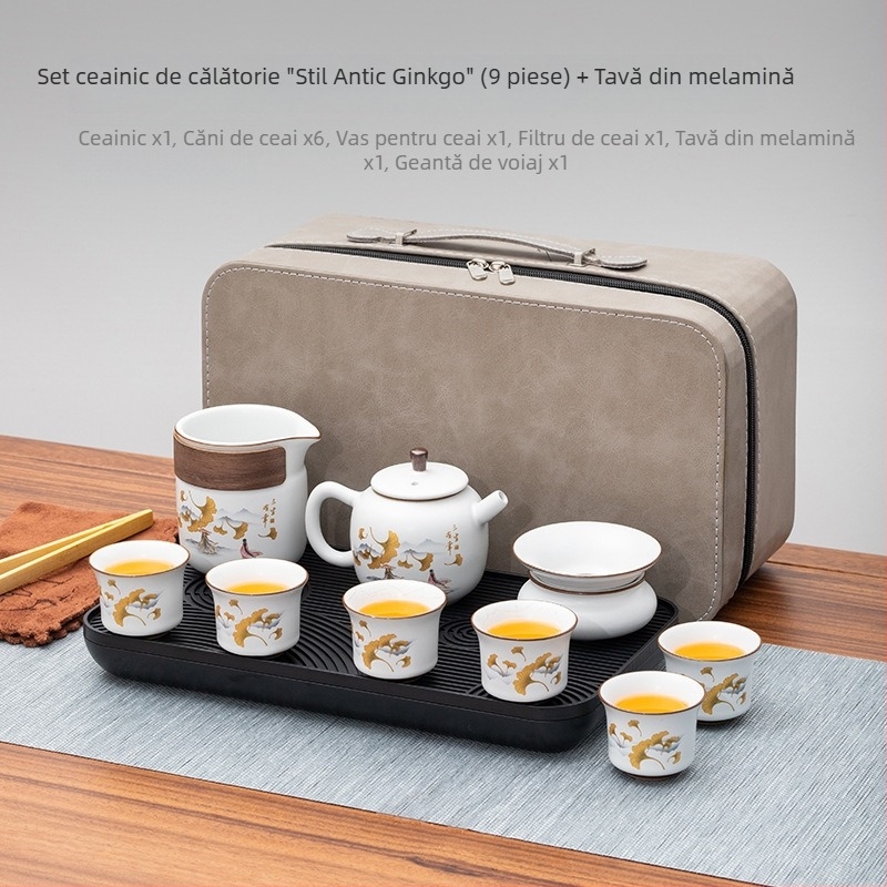 Set de ceai portabil în stil chinezesc, cu bol de ceai cu capac, ceainic, farfurie melamină și cești ceramice