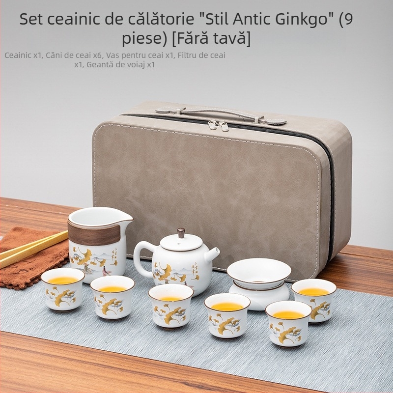 Set de ceai portabil în stil chinezesc, cu bol de ceai cu capac, ceainic, farfurie melamină și cești ceramice