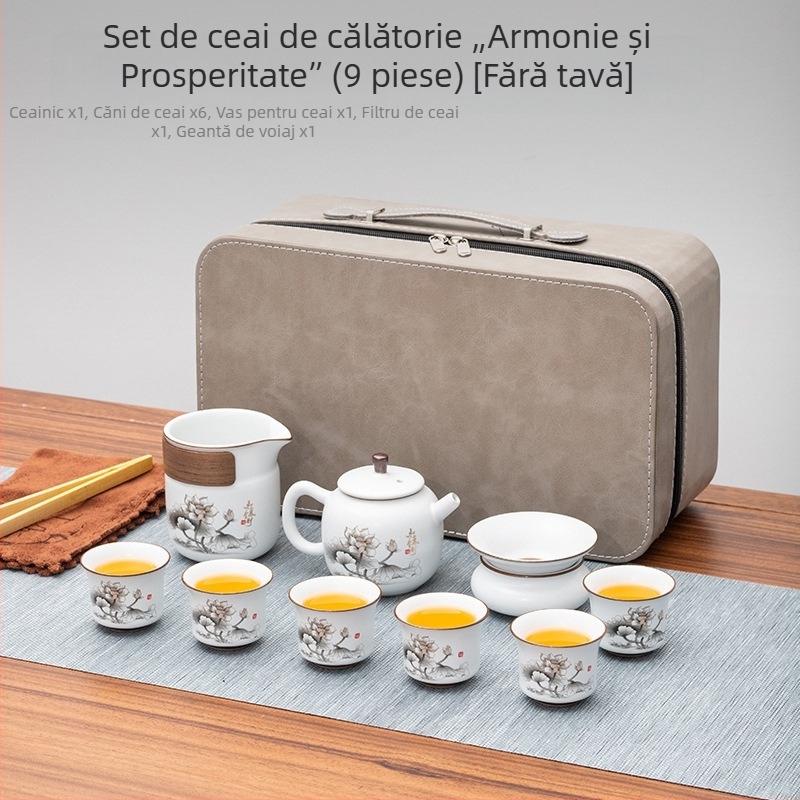 Set de ceai portabil în stil chinezesc, cu bol de ceai cu capac, ceainic, farfurie melamină și cești ceramice