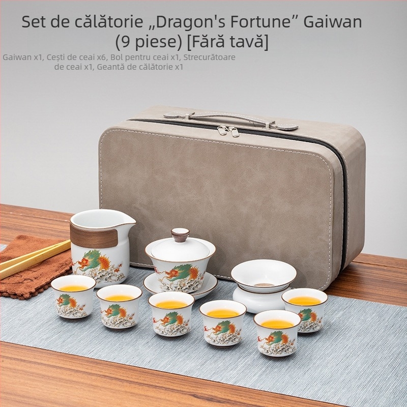 Set de ceai portabil în stil chinezesc, cu bol de ceai cu capac, ceainic, farfurie melamină și cești ceramice