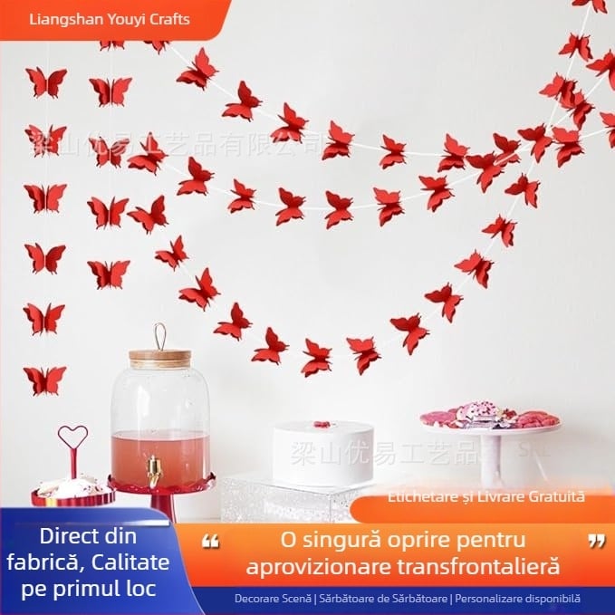 Ghirlandă de hârtie cu fluturi colorati pentru tavanul sufrageriei, decor pentru nuntă și petreceri de ziua de naștere, 3D