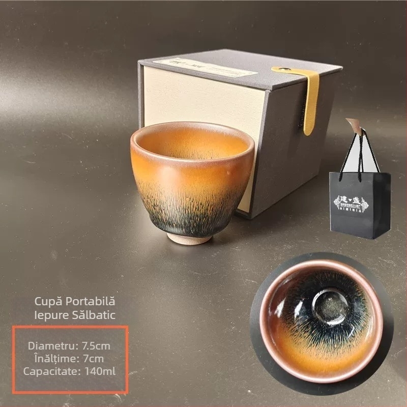 Set Jian Zhan de ceai, lucrat manual, cu corp din lut mineral Tianmu, cutie cadou, pereche de cești