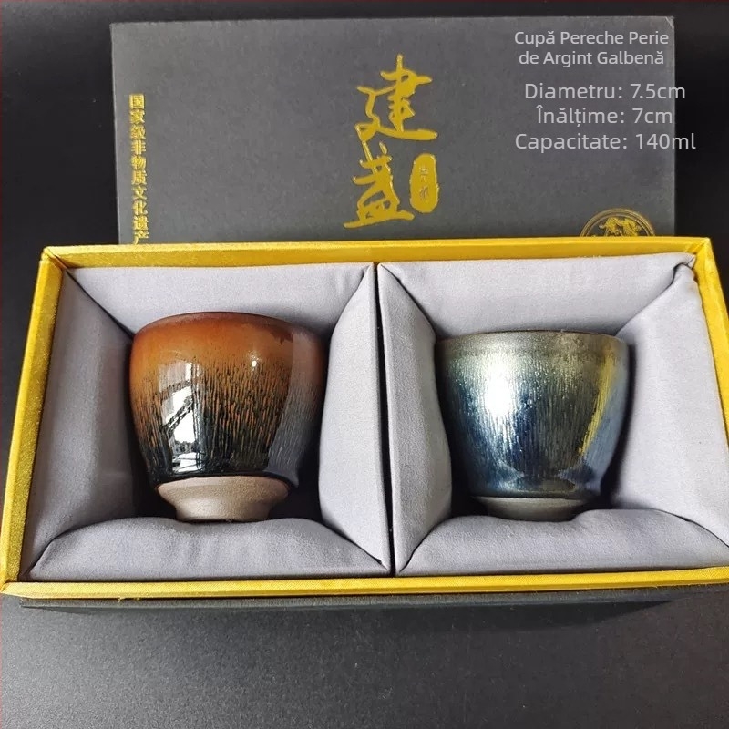 Set Jian Zhan de ceai, lucrat manual, cu corp din lut mineral Tianmu, cutie cadou, pereche de cești