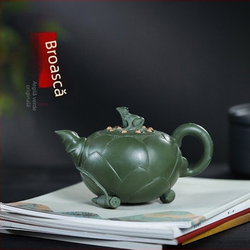 Ceainic Yixing din lut purpuriu, capacitate 420 ml, design broasca-lotus, pictat manual, pentru uz casnic