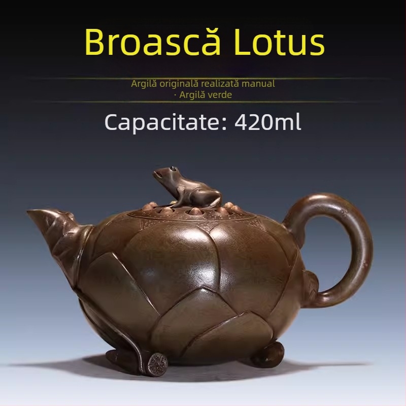 Ceainic Yixing din lut purpuriu, capacitate 420 ml, design broasca-lotus, pictat manual, pentru uz casnic