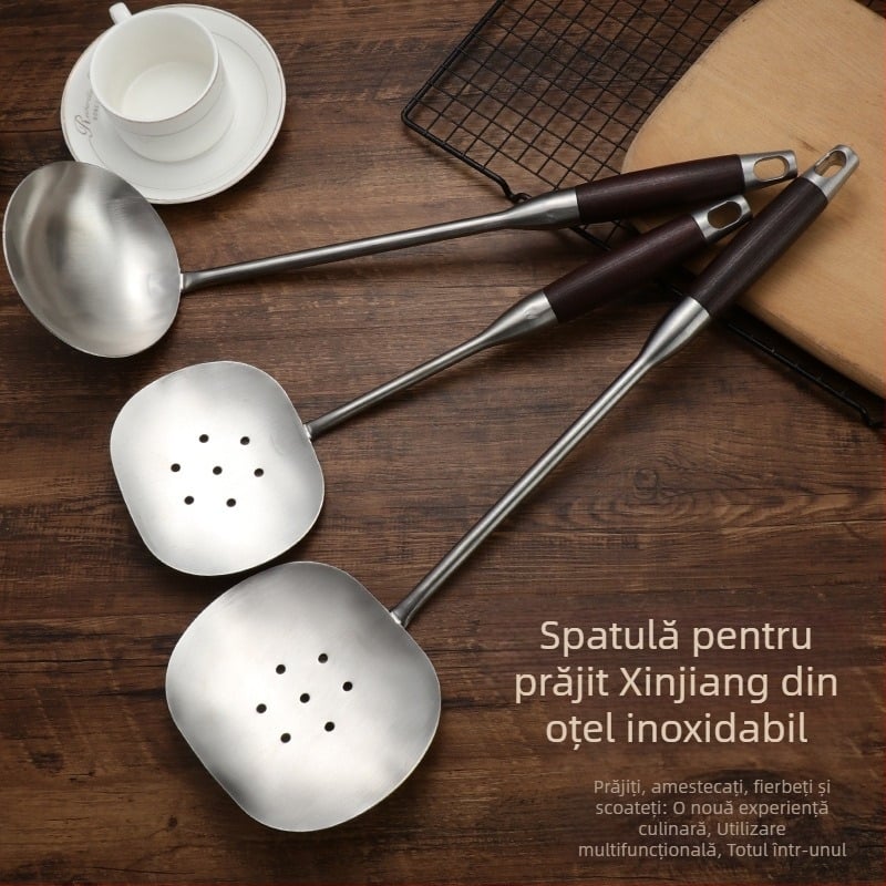 Spatulă de bucătărie din oțel inoxidabil, mâner din mahon