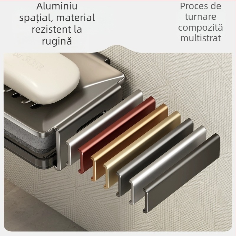 Cutie de săpun montată pe perete din aluminiu Space pentru baie, cu drenaj, dimensiuni 12.5 × 8.5 × 4 cm