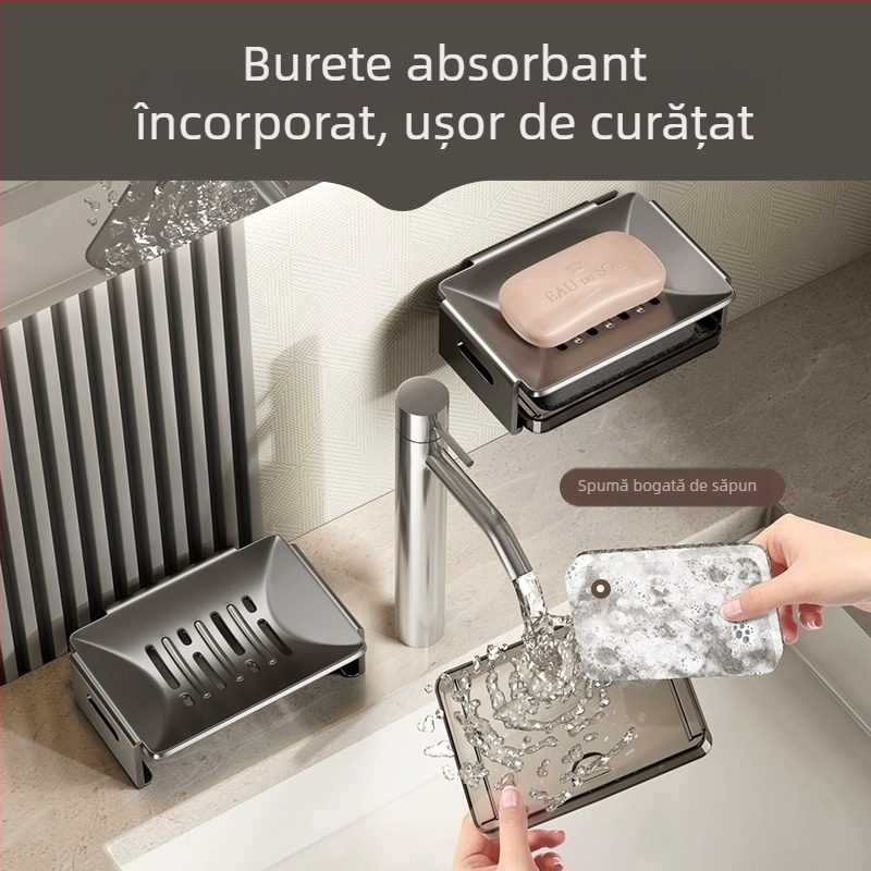 Cutie de săpun montată pe perete din aluminiu Space pentru baie, cu drenaj, dimensiuni 12.5 × 8.5 × 4 cm