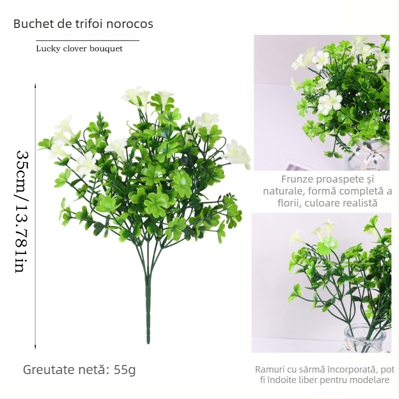 Buchet de flori artificiale din plastic cu trifoi cu patru foi și cinci brațe, decor pentru casă și birou