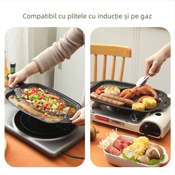 Placă de grătar dreptunghiulară cu piatră Maifan pentru pește și barbecue, din oțel carbon, compatibilă cu plita cu inducție