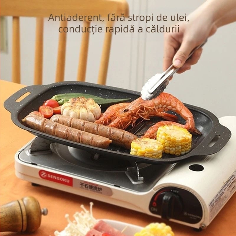 Placă de grătar dreptunghiulară cu piatră Maifan pentru pește și barbecue, din oțel carbon, compatibilă cu plita cu inducție