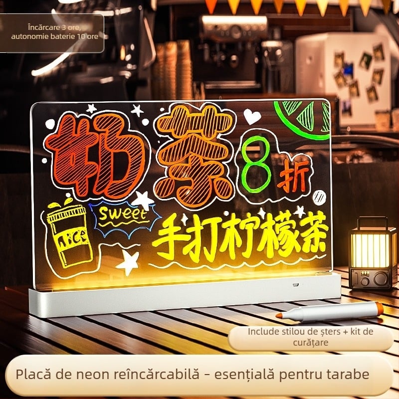 Tablă fluorescentă lavabilă pentru birou, din acrilic transparent, cu semn luminos — tablă mică de prețuri pentru stand