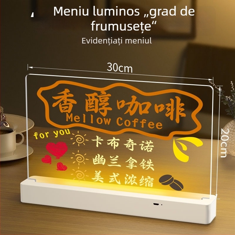 Tablă fluorescentă lavabilă pentru birou, din acrilic transparent, cu semn luminos — tablă mică de prețuri pentru stand