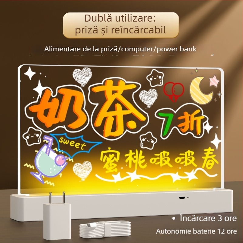 Tablă fluorescentă lavabilă pentru birou, din acrilic transparent, cu semn luminos — tablă mică de prețuri pentru stand