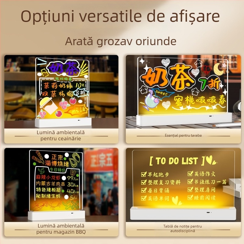 Tablă fluorescentă lavabilă pentru birou, din acrilic transparent, cu semn luminos — tablă mică de prețuri pentru stand