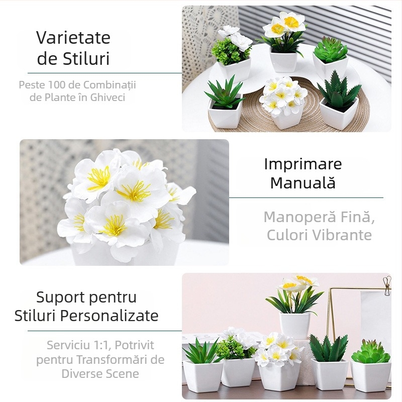 Plante artificiale în ghivece din plastic: suculente și frunze de ginkgo, bonsai artificial pentru living, decor sufragerie, înălțime 10 cm