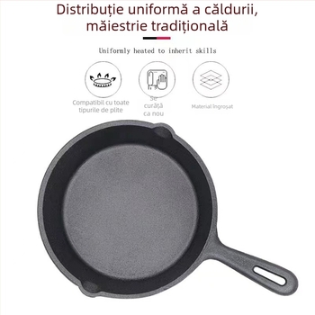 Tigaie grill din fontă cu mâner unic, bază plată, compatibilă cu inducția, pentru fripturi și griluri
