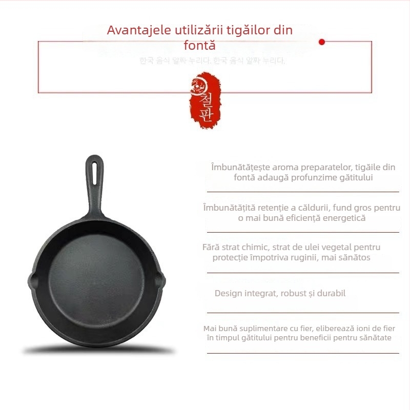 Tigaie grill din fontă cu mâner unic, bază plată, compatibilă cu inducția, pentru fripturi și griluri