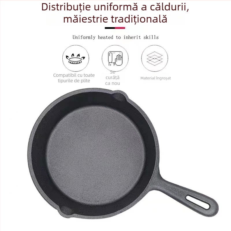 Tigaie grill din fontă cu mâner unic, bază plată, compatibilă cu inducția, pentru fripturi și griluri