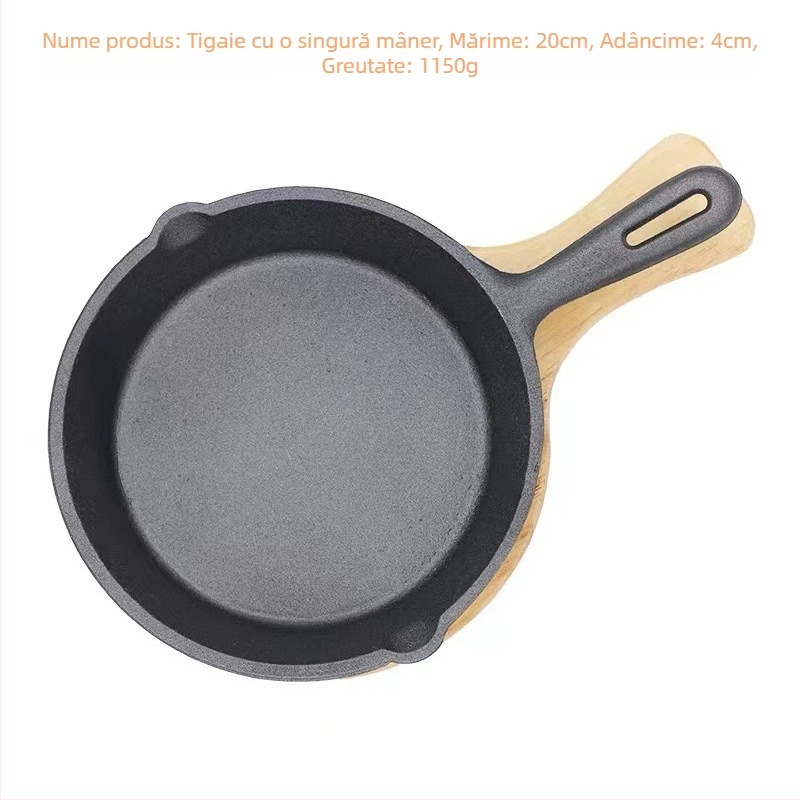 Tigaie grill din fontă cu mâner unic, bază plată, compatibilă cu inducția, pentru fripturi și griluri